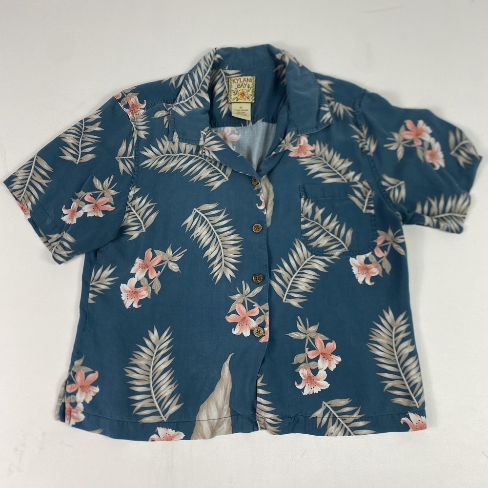 Kylani Bay Shirt Mens XL Blue Silk Hawaiian Floral Camp Button Front Casual